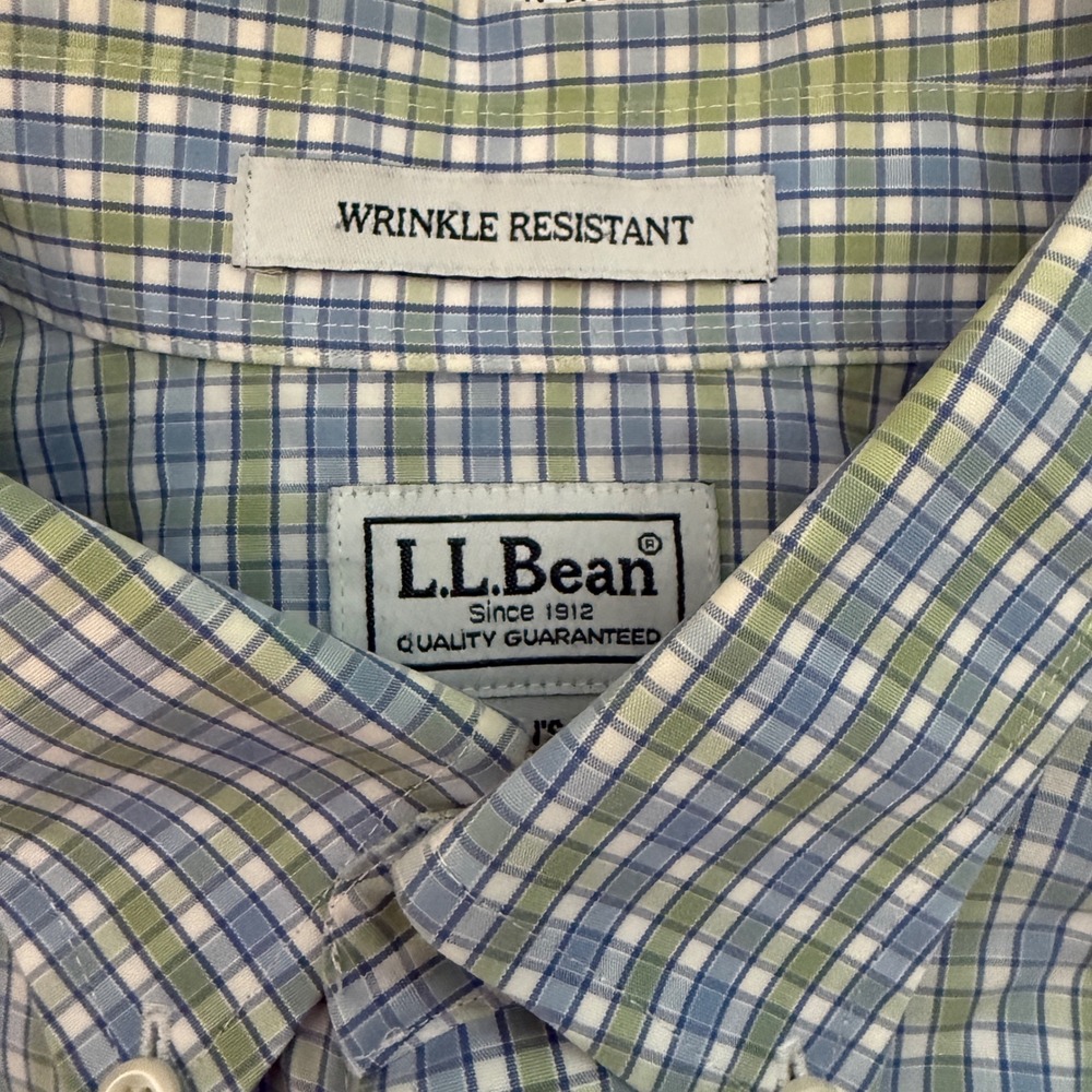 L.L.Bean Mens M Reg Plaid Shirt Wrinkle Resistant Cotton Blue Green Button Down